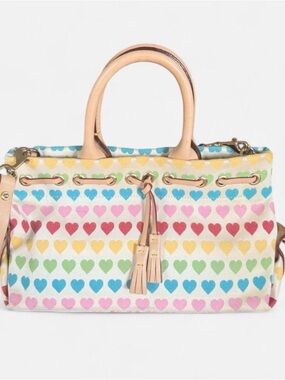 Vintage Y2K Dooney & Bourke Multicolor Heart Print Canvas Tote Tan Leather Trim